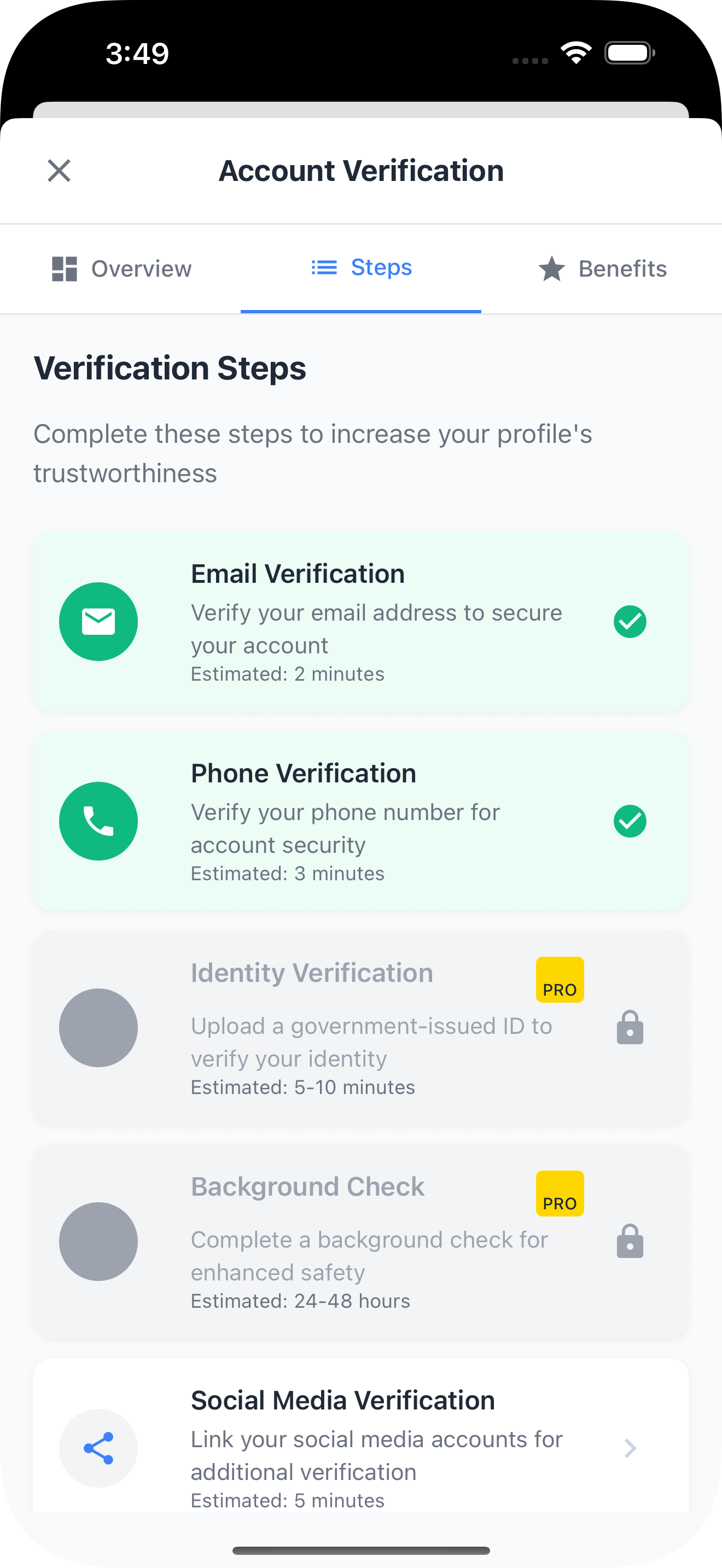 Account Verification - My Play Palz app showing verification steps including email, phone, ID verification, and background checks